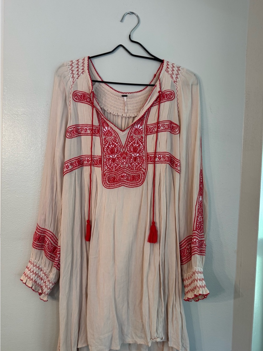 Free People Cream Dress with Red Embroidery